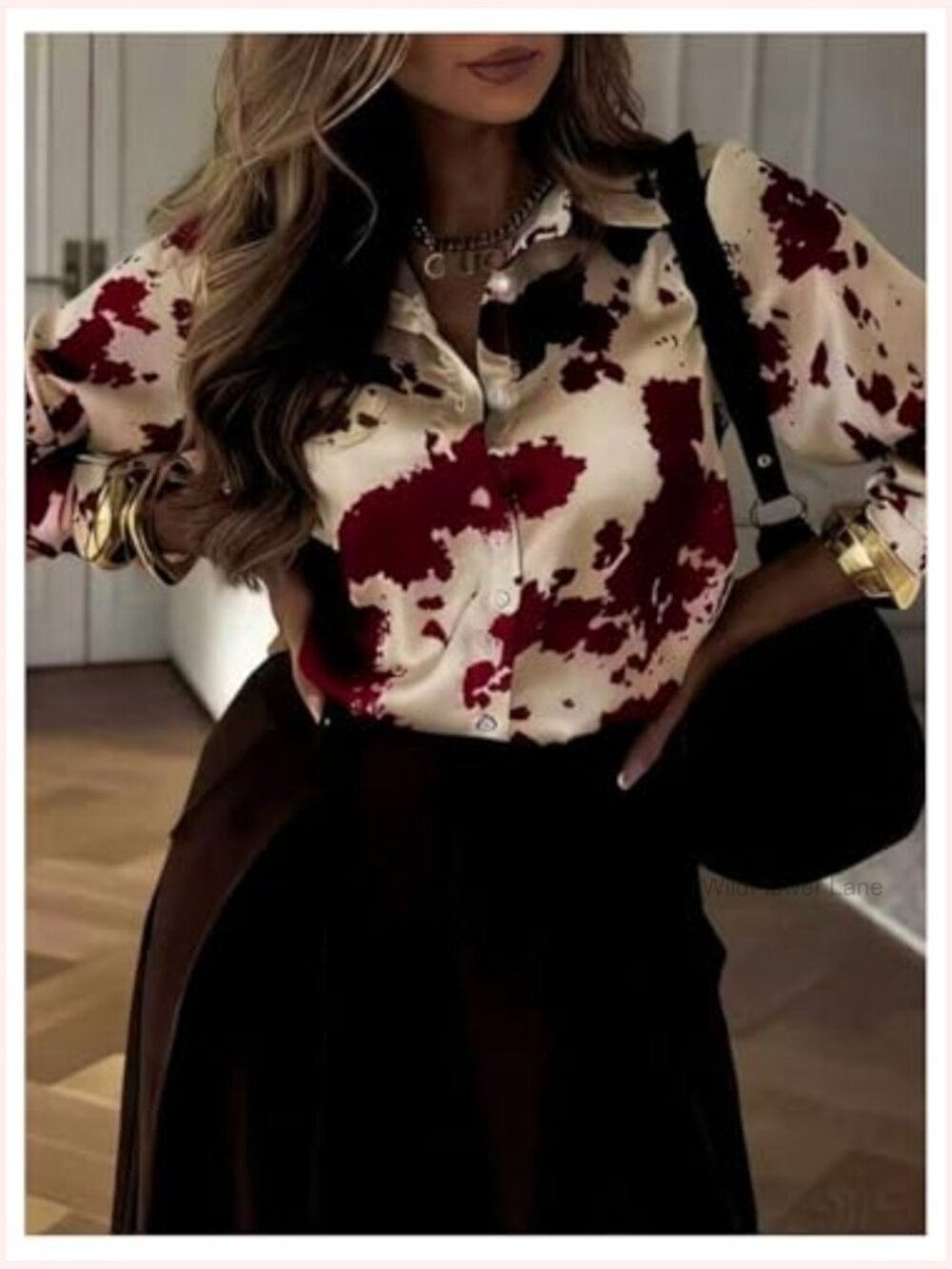 Cow Print Button Down Shirt Long Sleeve Collared Blouse Work Dressy Top - Picture 3 of 4